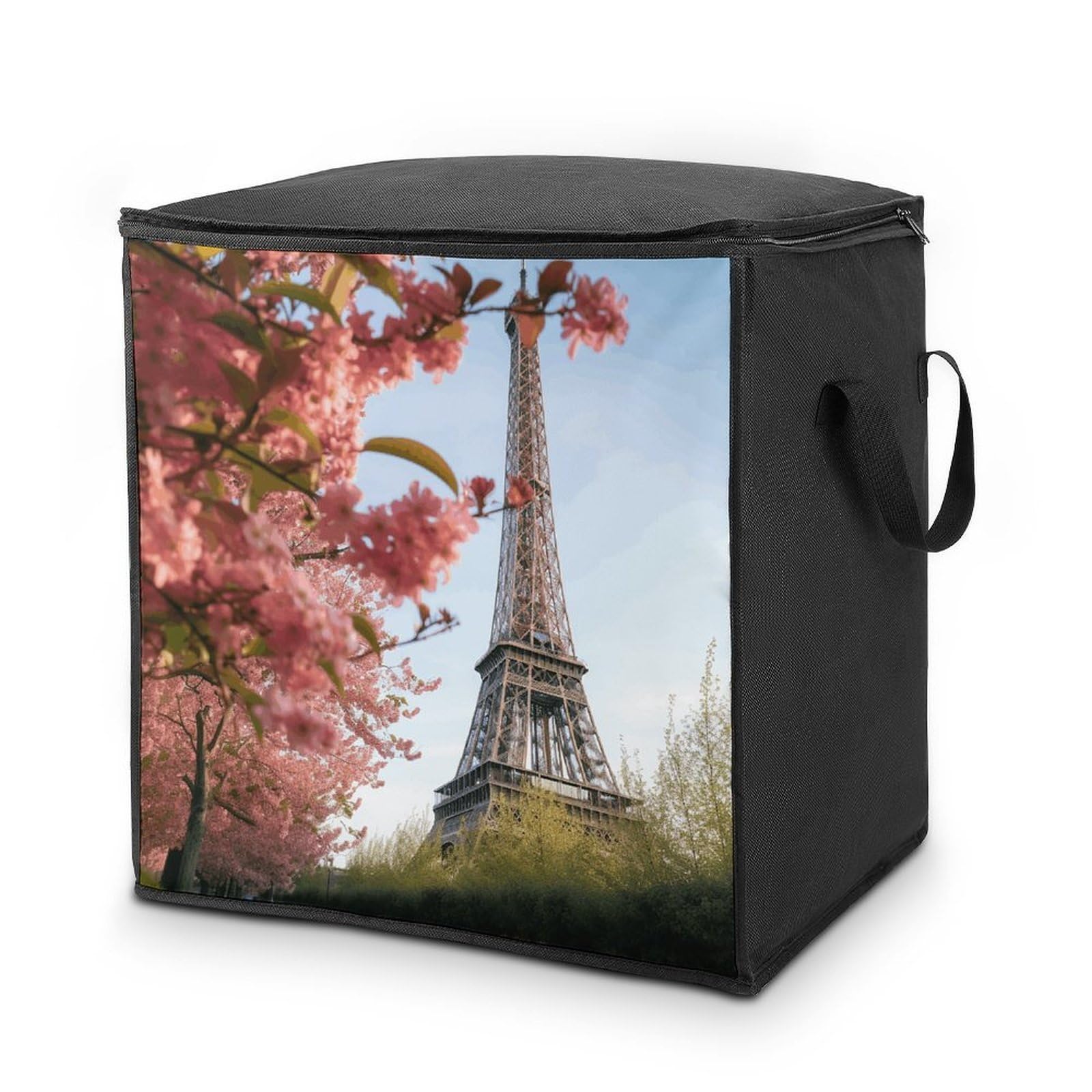 70L Paris Eiffel Tower Flower Storage Bag With Zipper Closet Organizers with Handle for Home Storage Organizer for Blankets Quilts Clothes Comforter Bedding And Pillows