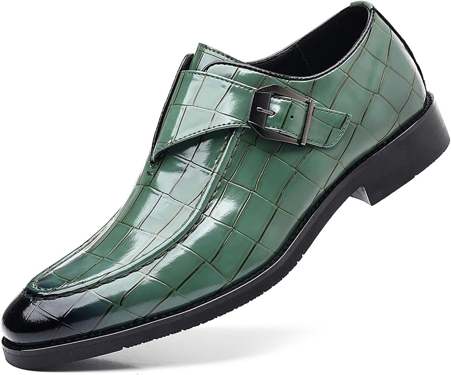 Men’s Crocodile Print Monk Buckle Dress Loafers Classic Leather Slip-On Low Heel Plain Toe Fashion Wedding Oxfords with Adjust Buckle for Office Business Event Formal Causal Driving