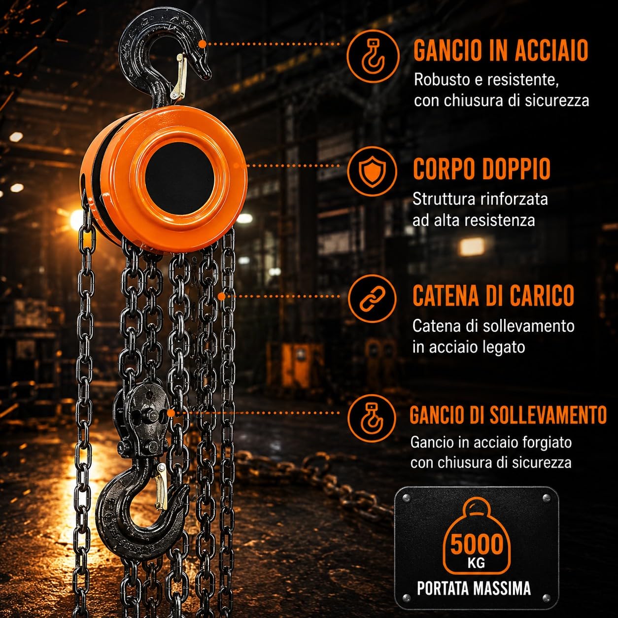 Paranco a Catena Manuale 5000KG Argano Sollevatore Altezza Sollevamento 3 Metri con Gancio Robusto Girevole 360° Catena Acciaio G80 per Garage, Motore Auto, Sollevamento per Carichi Pesanti