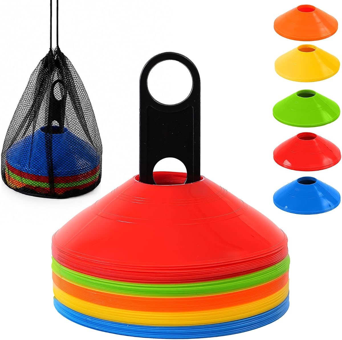 50 piezas de conos de fútbol Agility, conos de disco con bolsa de transporte y soporte para entrenamiento deportivo, fútbol, baloncesto, entrenamiento, equipo de práctica, 5 colores