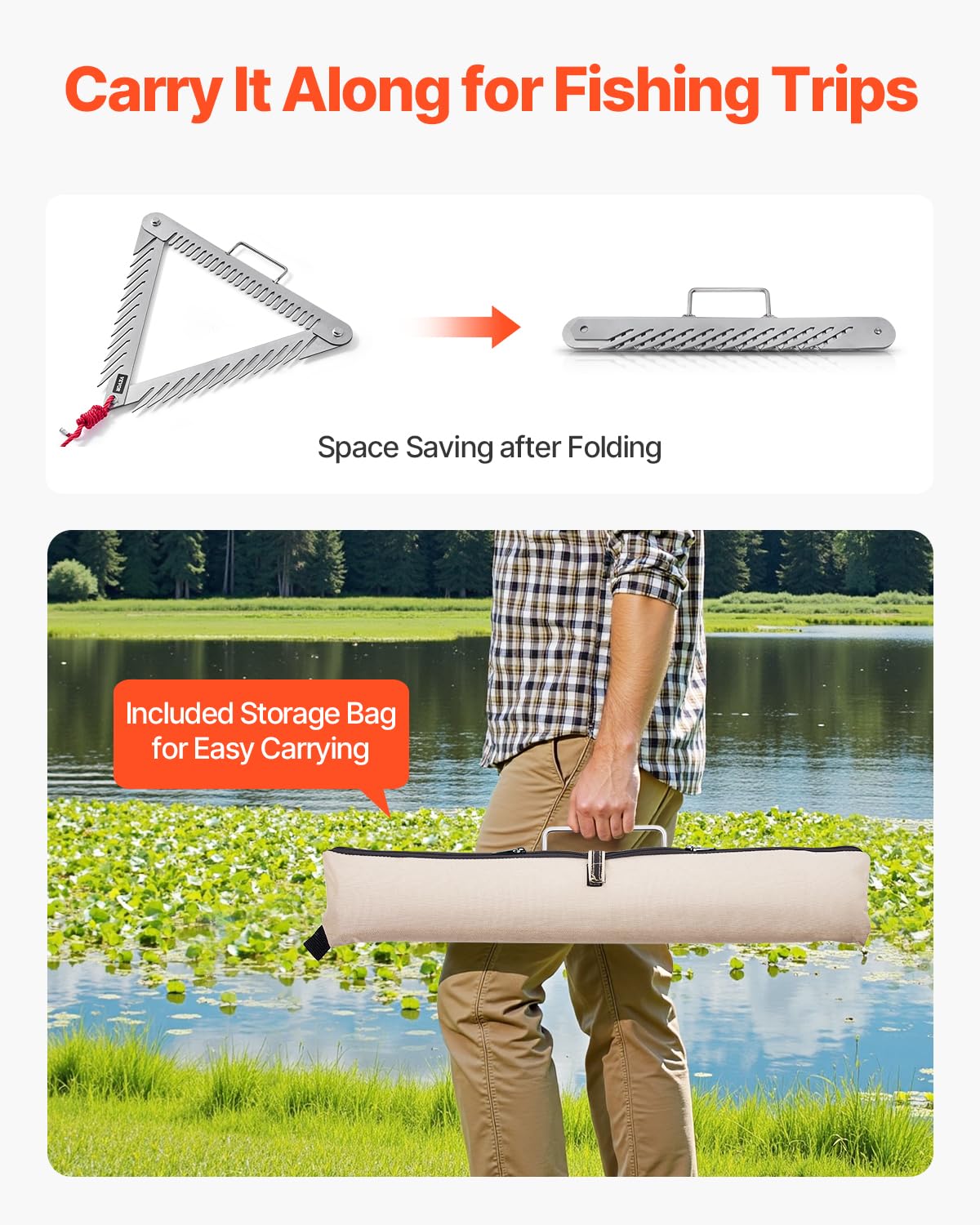 VEVOR 24in Aquatic Weed Rake, 3-Sided Lake Weed Rake with Handle, Portable and Foldable Pond Water Grass Razor, Stainless Steel Throwable Floating Pond Weeds Cutter with 30 ft Rope, for Lakes Ponds