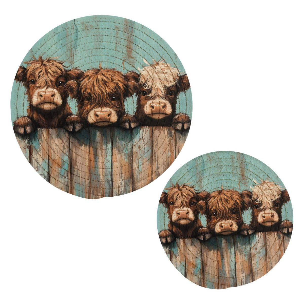 Jumbear A 2Pcs Cute Highland Cow Trivets For Hot Pots Nd Pans Nd Pot Holders– Cotton Rope Round Mats, Hot Pads For Kitchens, Coasters, Placemats, Spoon Rest For Cooking Nd Baking
