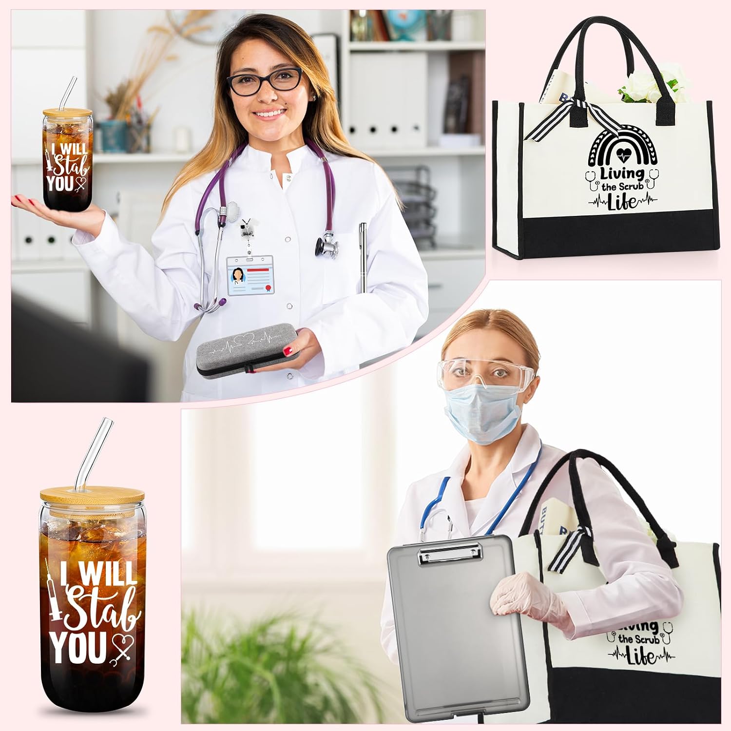 Teenyyou 7 Pcs Nurse Gifts for Women Set Rn Appreciation Set Nurses Week Nurses Winter Gift Include Tote Bag Stethoscope Case Ballpoint Pen Badge Reel Clipboard Keychain(Gray,Vintage Style)