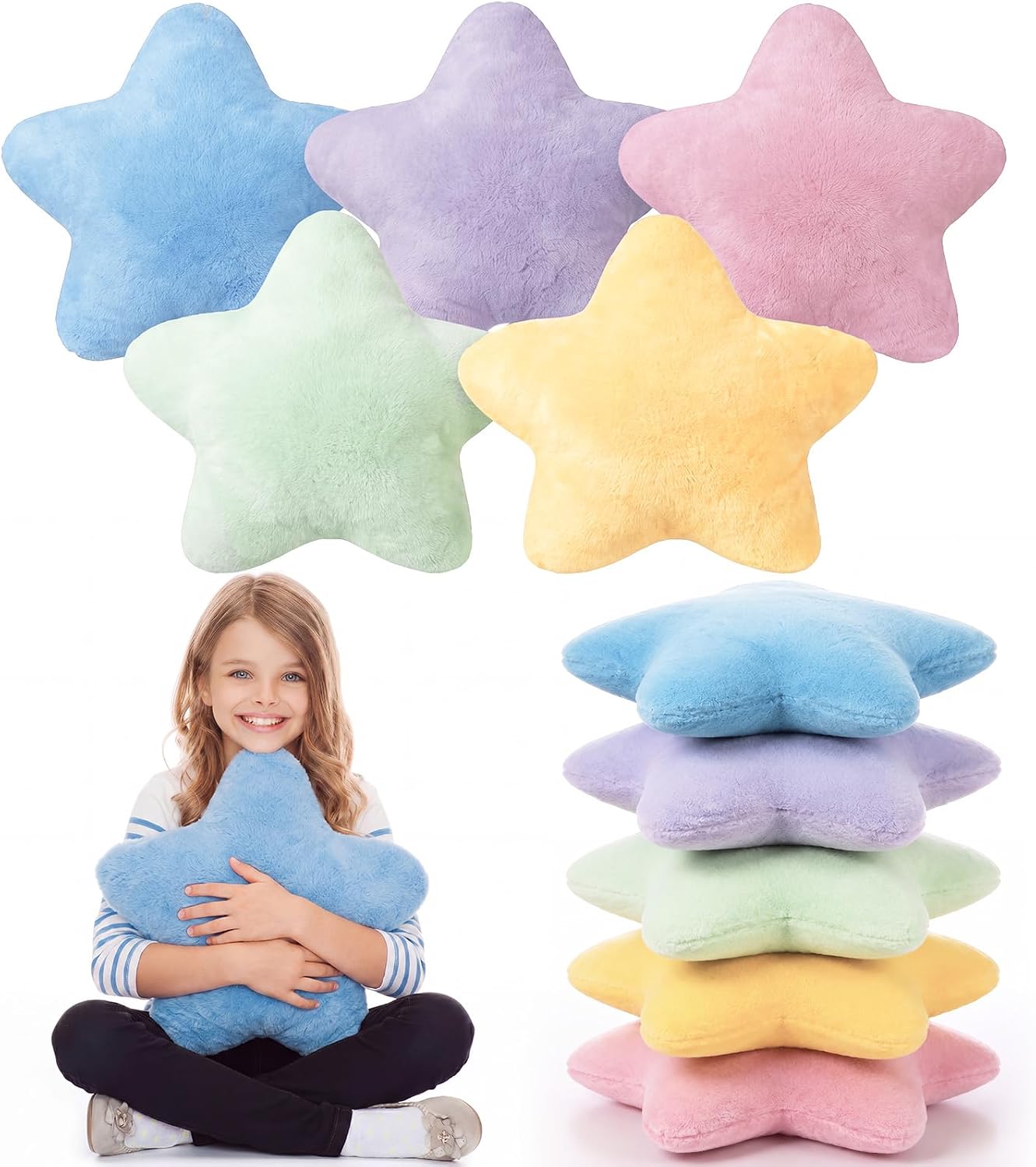 Soaoo 5 Pcs Star Fluffy Pillow Shaped Star Throw Pillow Kids Aesthetic Decor Soft Preppy Cute Cushion for Sofa Living Room Bedroom Back to School 15.75 in (Yellow,Lake Blue,Orange,Purple,Hot Pink)