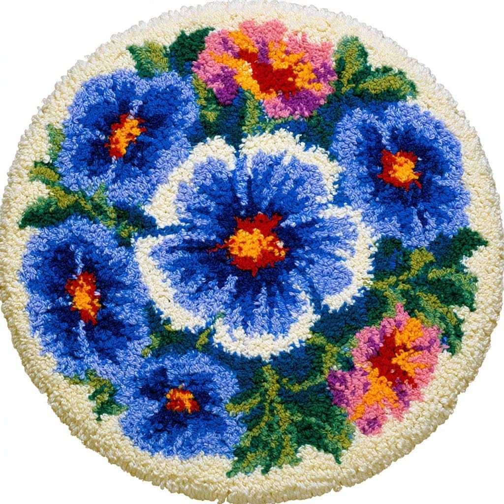 AMBATTERY Round DIY Latch Hook Rug Kits,Blue Flowers