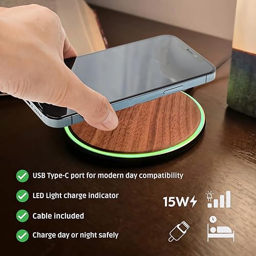 Miniatura 5 de Cargador inalámbrico de madera de 15 W, estación de carga inalámbrica Qi de diseño elegante, cable USB tipo C, compatible con iPhone 15 14 13 Pro