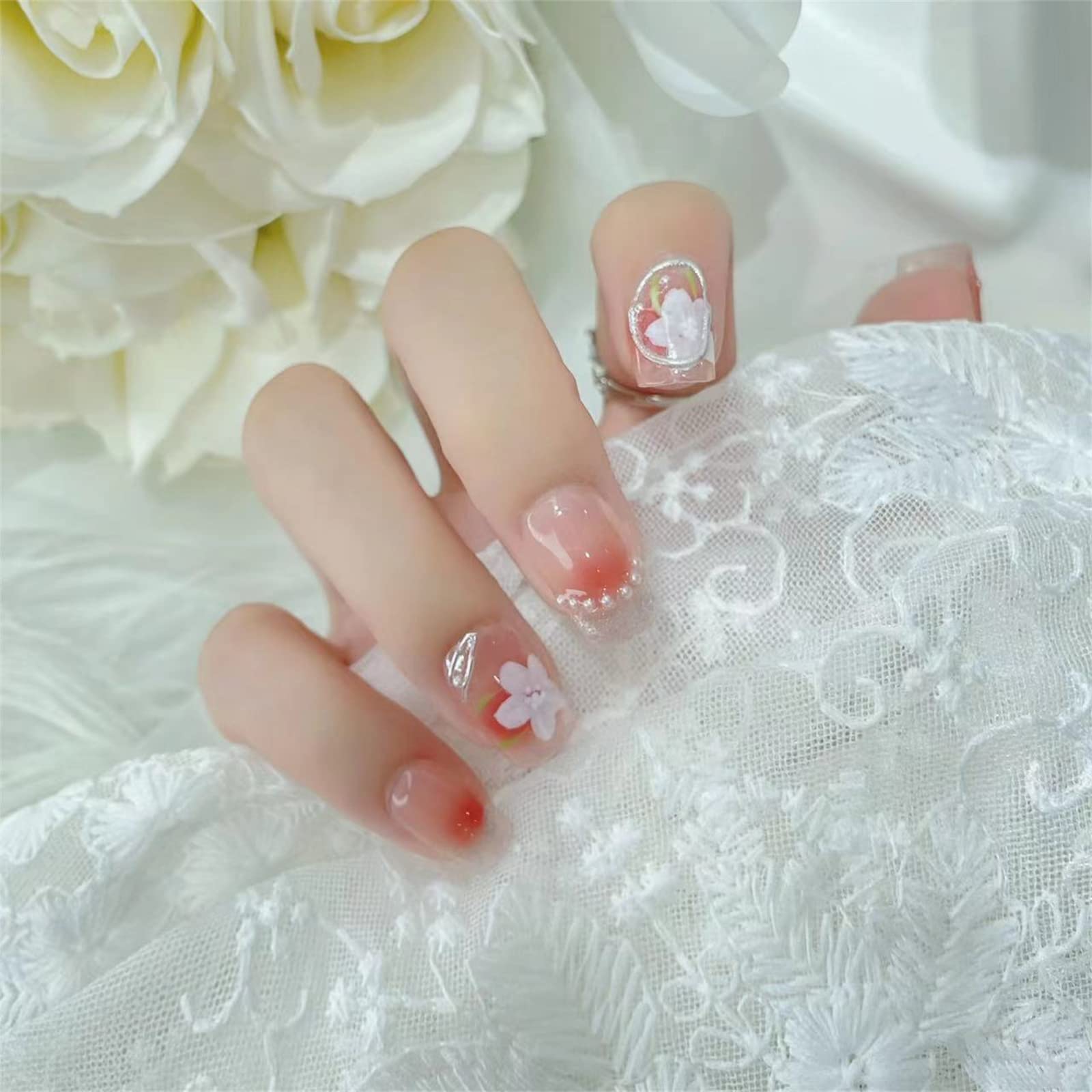 Press On Nails, 10 Stück tragbares Maniküre-Stück, handgefertigte Kunstnägel, wiederverwendbares künstliches Kunstnägel-Set für Frauen und Mädchen (L, F) (DS)
