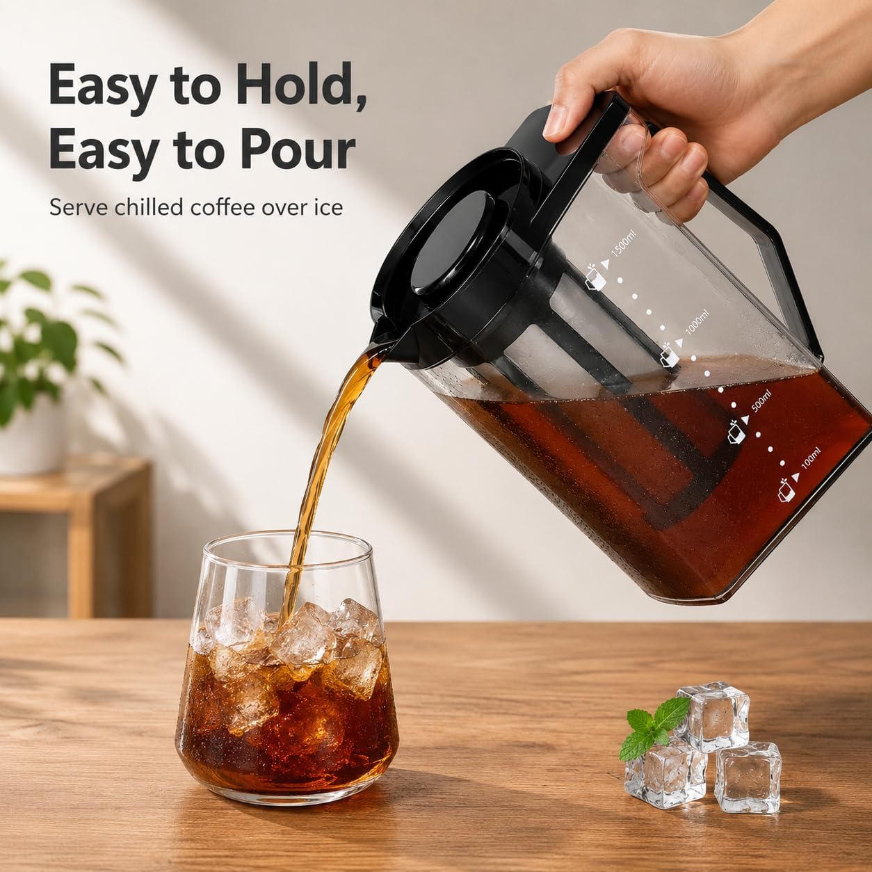 Cold Brew Coffee Maker,1.6L/54oz Iced Coffee Maker Pitcher with Removable Filter,Clear Coffee and Tea Brewer with Handle & Spout,PP Cold Brew Pitcher for Refrigerator Home Office Travel