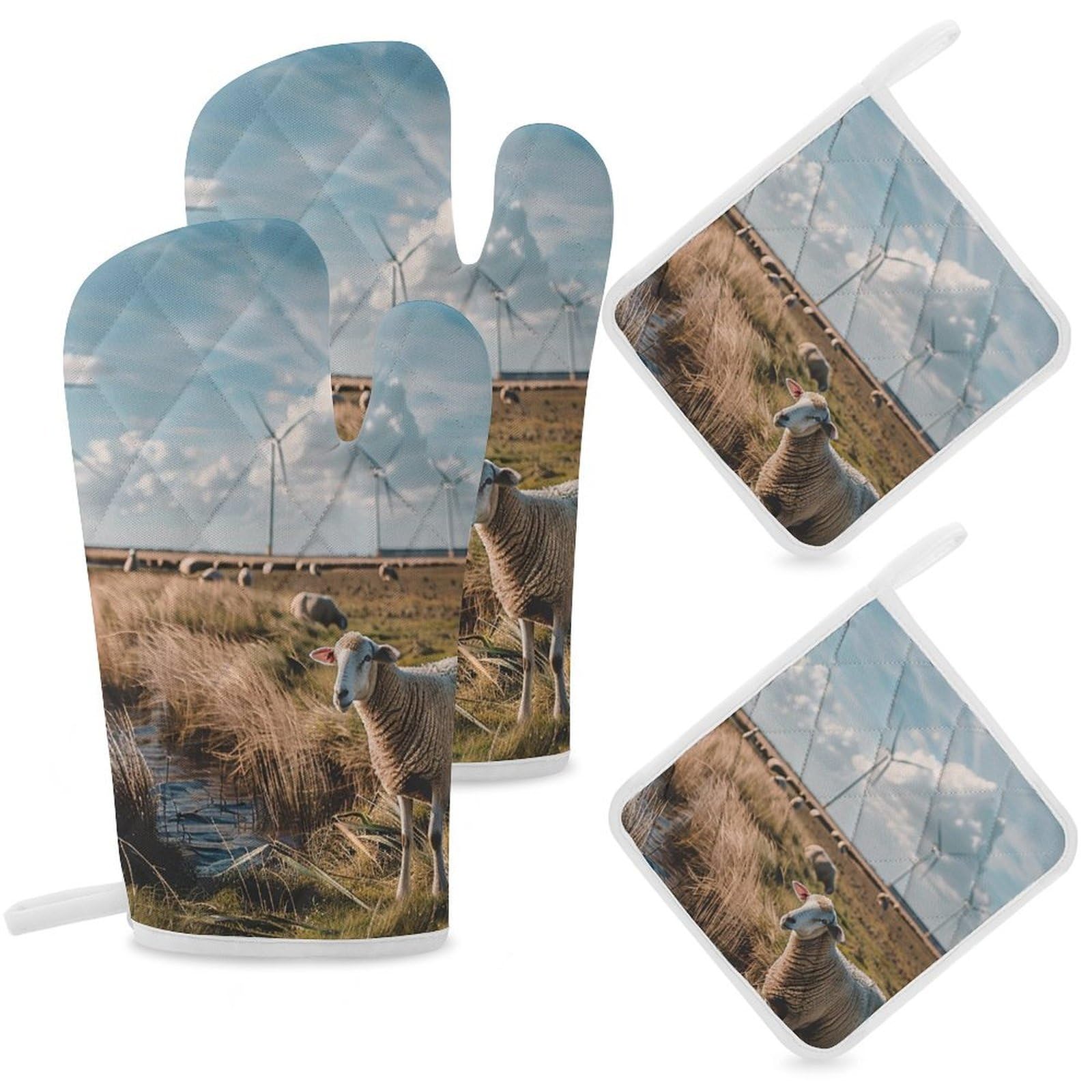 Oven Mitts And Pot Holders Sets of 4 Heat Heat Resistant Oven Gloves Non-Slip Kitchen Mittens Sheep Are Grazing Oven Mitts Hot Pads BBQ Gloves Potholders for Cooking Baking Grilling