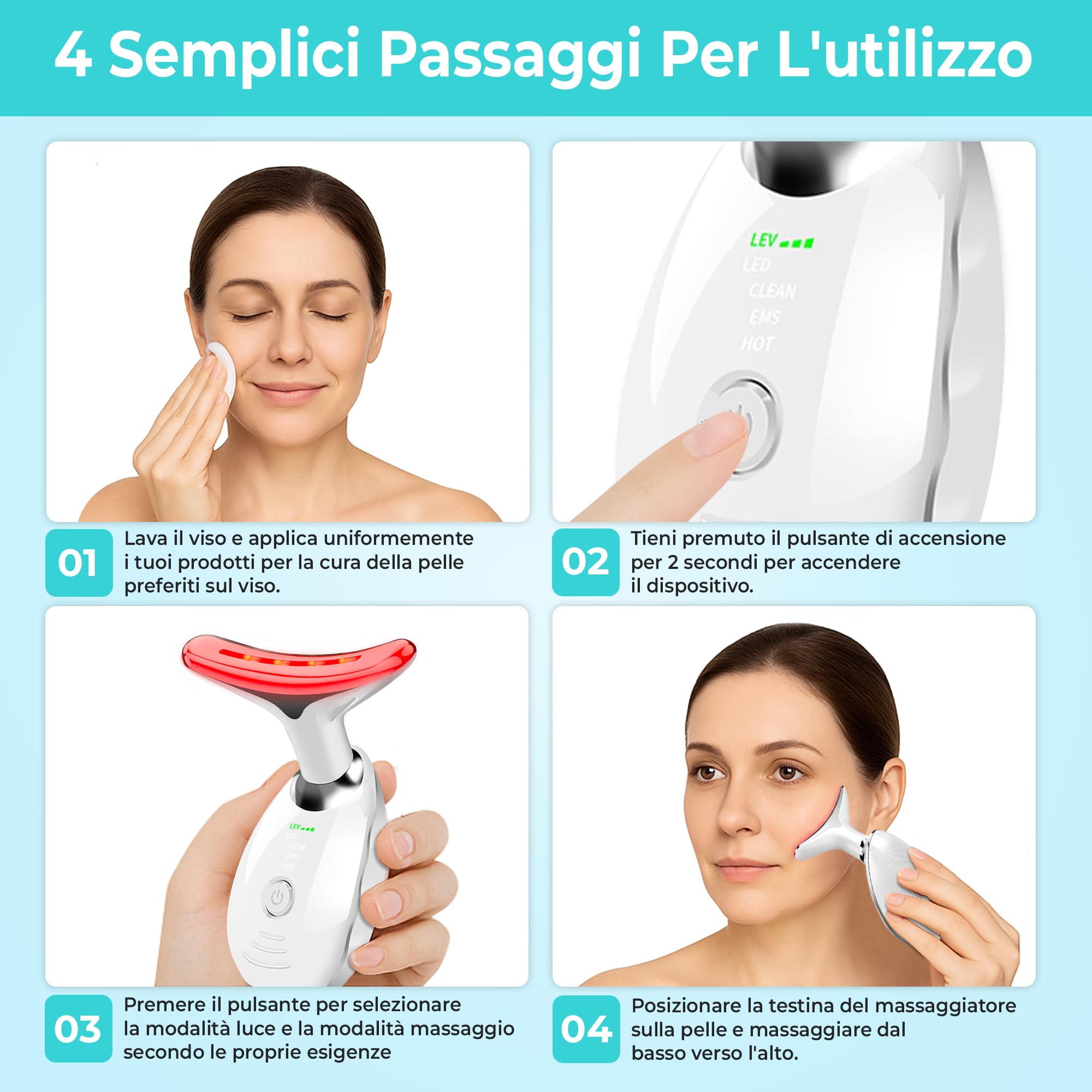 Massaggiatore Viso antirughe, Massaggiatore per la tonificazione e il rassodamento della pelle, terapia con luce rossa, EMS gua sha a 45°C, lifting viso e anti-età con 7 colori e 3 modalita led.