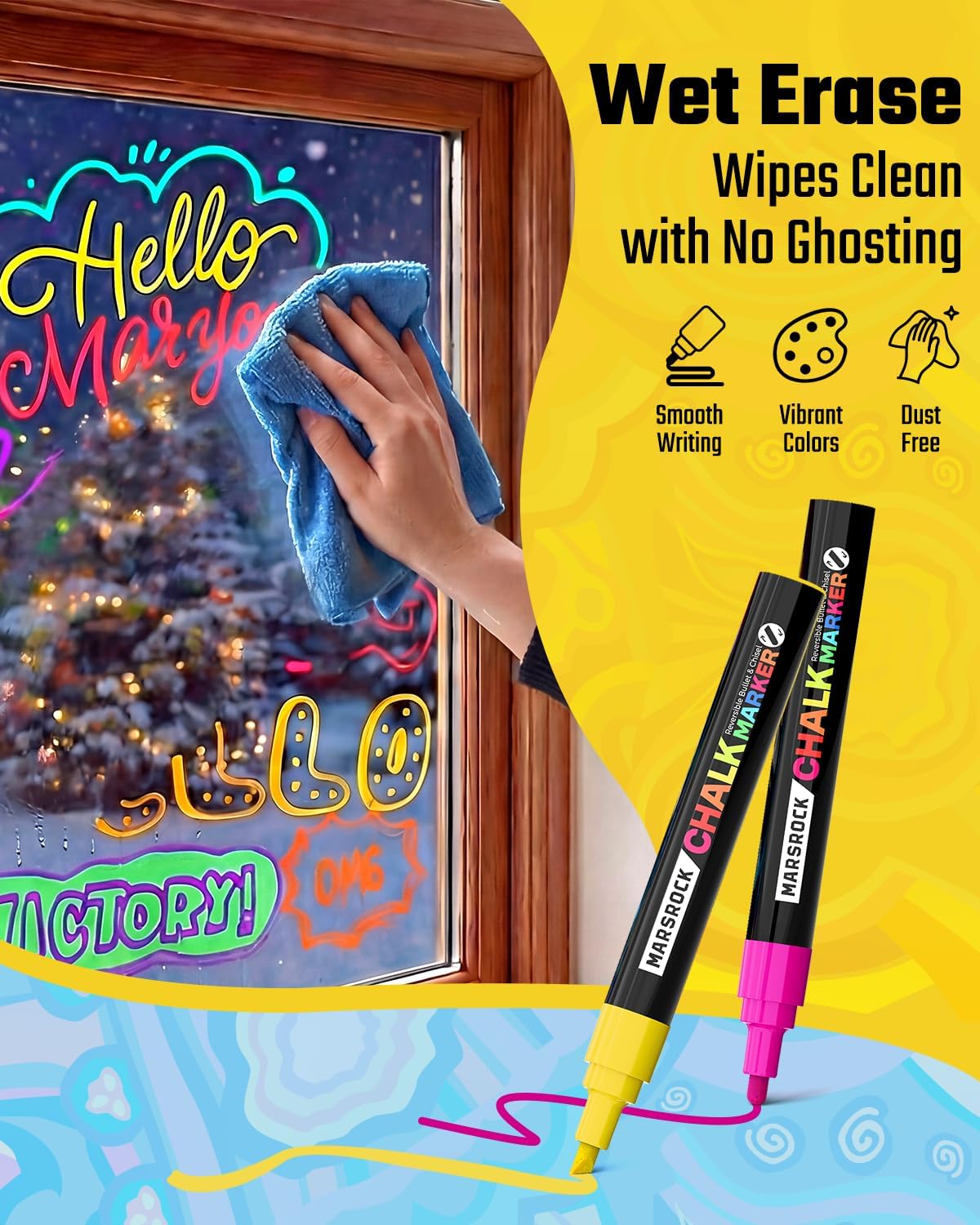 Marsrock Liquid Chalk Markers,24 Vibrant Colors Chalk Pens, Reversible Tip, Wet Erase, Water-Based Chalkboard Markers for Blackboards, Windows, Glass, Mirrors, Signs,Car– Ideal for Restaurants & Home