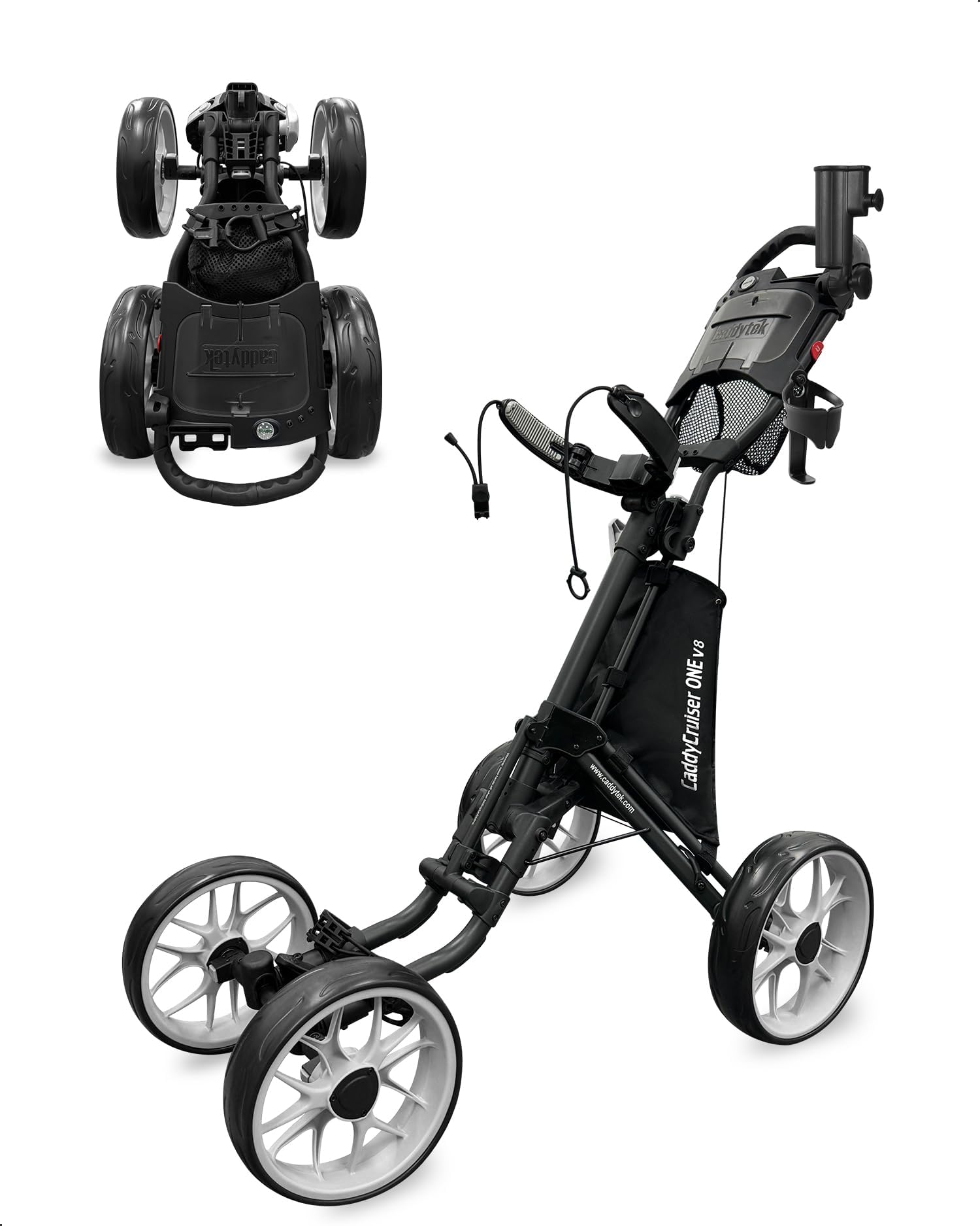 CaddyTek 4 Wheel Golf Push Cart - Caddycruiser One Version 8 1-Click Folding Trolley - Lightweight, Compact Pull Caddy Cart, Easy to Open