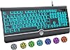 KOPJIPPOM Large Print Backlit Computer Keyboard, USB Full Size Wired Keyboards with 7-Colors Backlight, Wrist Rest, Light Up Keyboard for Windows, PC, Laptop - Easy to See, Easy to Setup