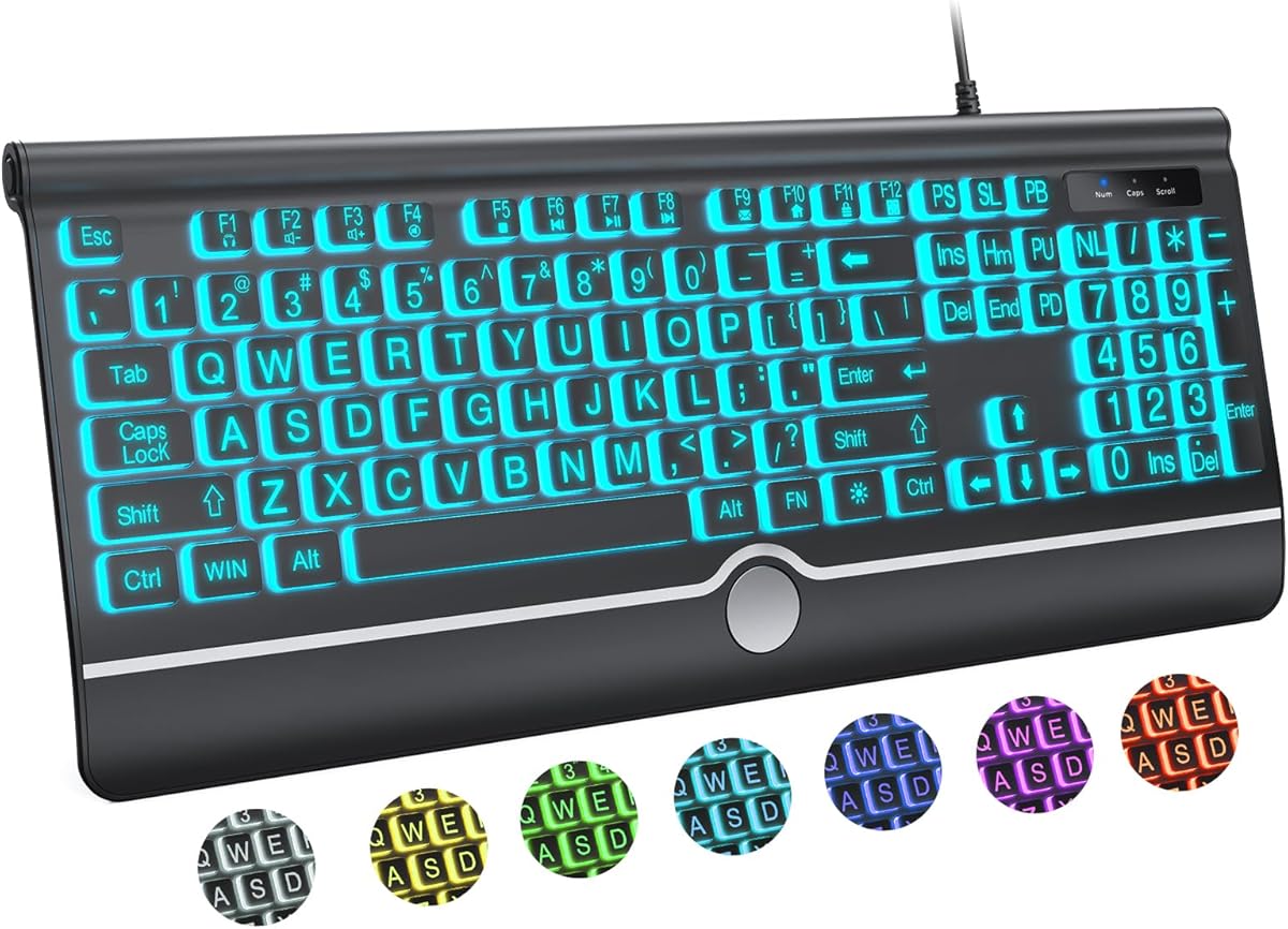 KOPJIPPOM Large Print Backlit Computer Keyboard, USB Full Size Wired Keyboards with 7-Colors Backlight, Wrist Rest, Light Up Keyboard for Windows, PC, Laptop - Easy to See, Easy to Setup : Electronics