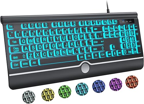 Teclado de computadora retroiluminado con impresión grande, teclados USB con cable de tamaño completo con retroiluminación de 7 colores,