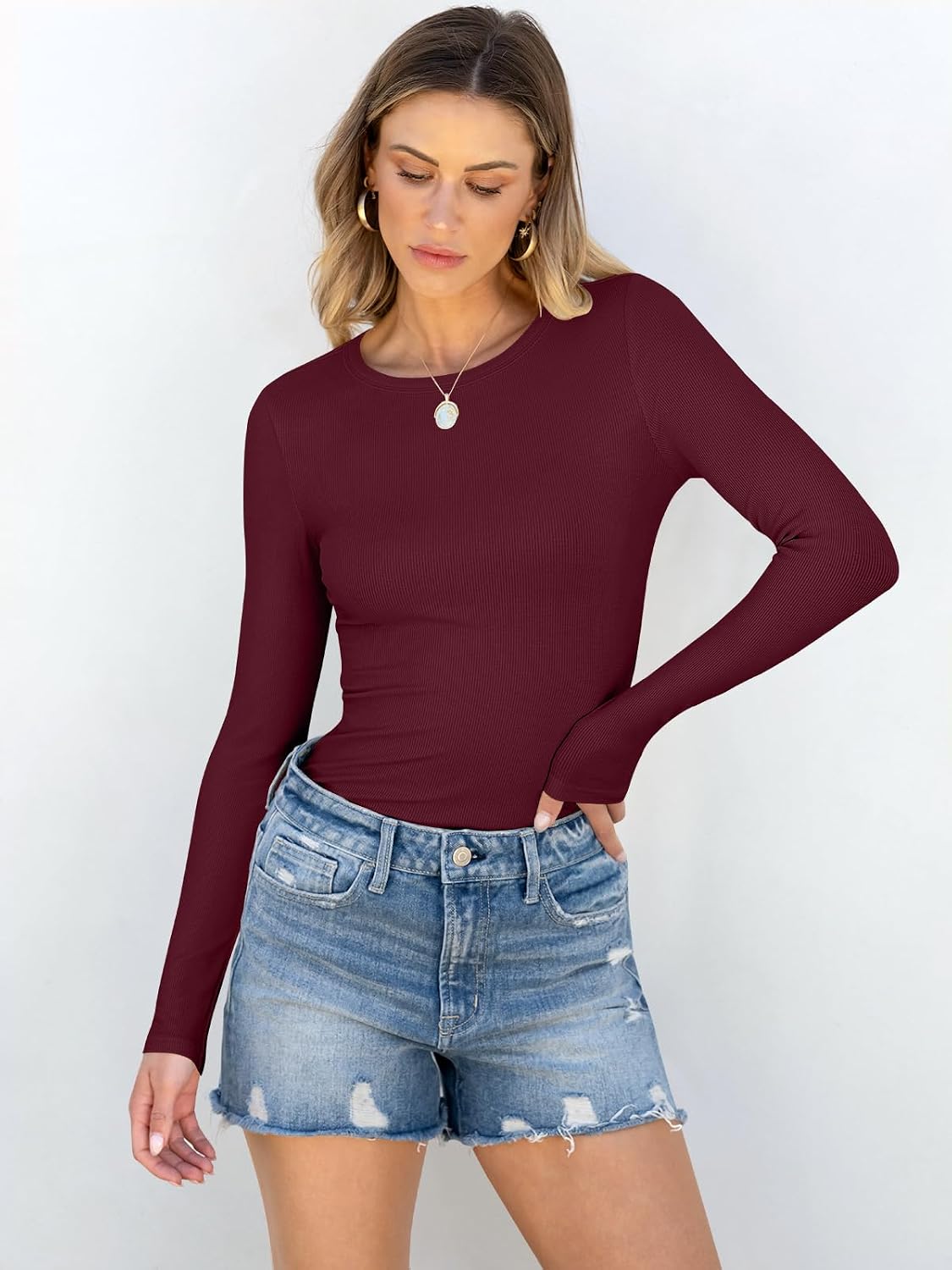 ANRABESS Women Long Sleeve Shirts Rib Knit Slim Fit Tops Basic Tee Spring Outfits Casual T-Shirt Underscrubs Layer Clothes thumbnail