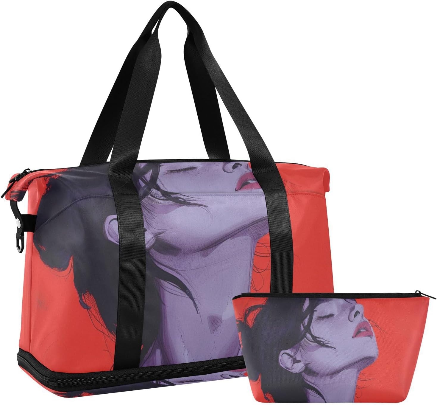Black and Red Pastel Colors Texture Large Gym Bag Carry On Shoulder Weekend Tote with Toiletry Bag for Airplane Traveling Multifunctional