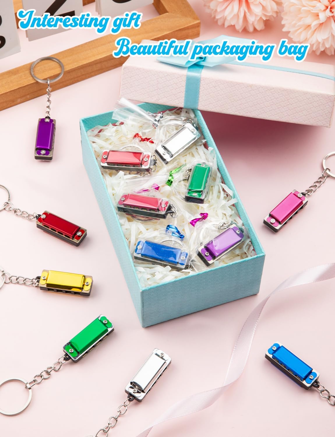 32 Pcs Mini Harmonica Keychain Portable 4 Hole 8 Tone Stainless Steel Harmonicas Multicolor Music Keychain Accessory for Music Party Favors Operation Christmas Favors