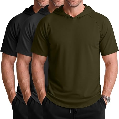 Neer 3 Pack Men's Short Sleeve Hoodie, Workout Gym Slim Fit Hooded Shirts Muscle