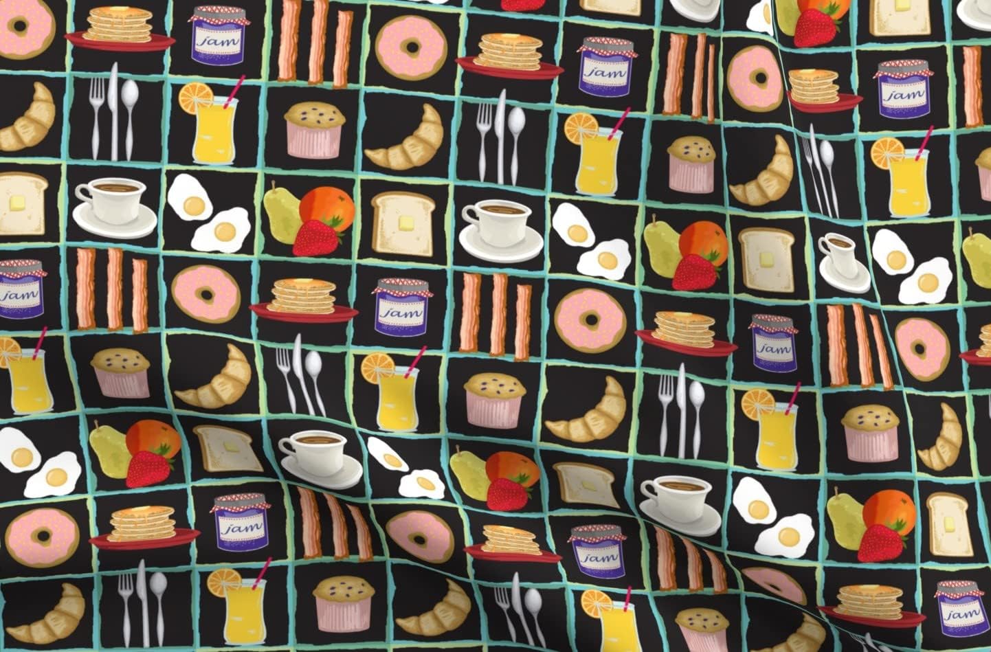 Spoonflower Fabric - Breakfast Pancakes Fruit Coffee Food Whimsical Kitchen Decor Printed on Organic Cotton Sateen Fabric by The Yard - Sewing Quilting Apparel Home Decor