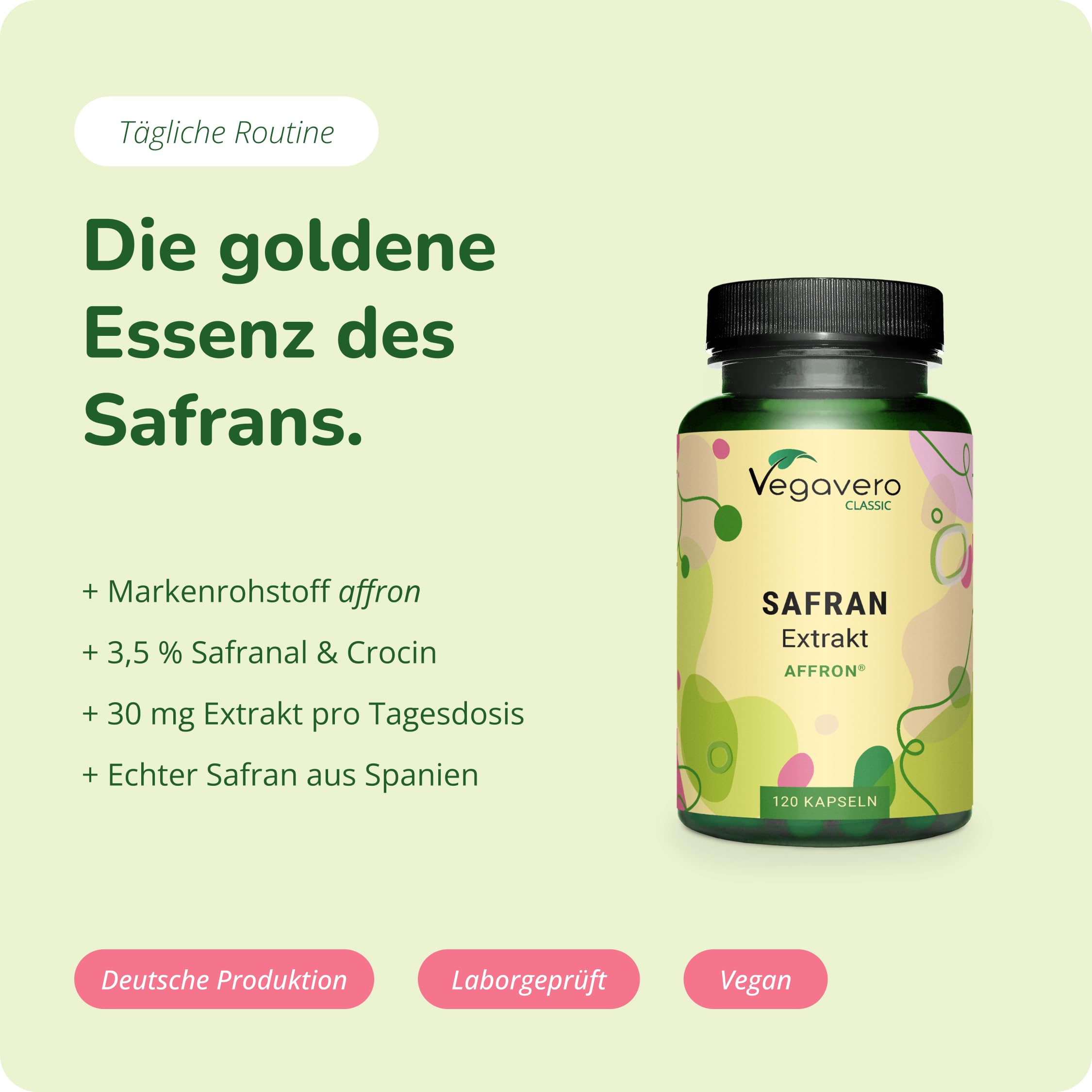 Vegavero Safran Kapseln hochdosiert 120 Stück - 30 mg Safran Extrakt mit AFFRON® aus Spanien - standardisiert auf 3,5% Lepticrosalide - Vegan, ohne Zusatzstoffe