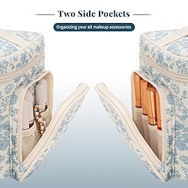 Large Cotton Makeup Bag, Quilted Floral Makeup Bag Organizer for Women Girls with Makeup Brush Compartment & Two Side Pockets, Cosmetic Travel Bag Vertical Storage- Blue Flower