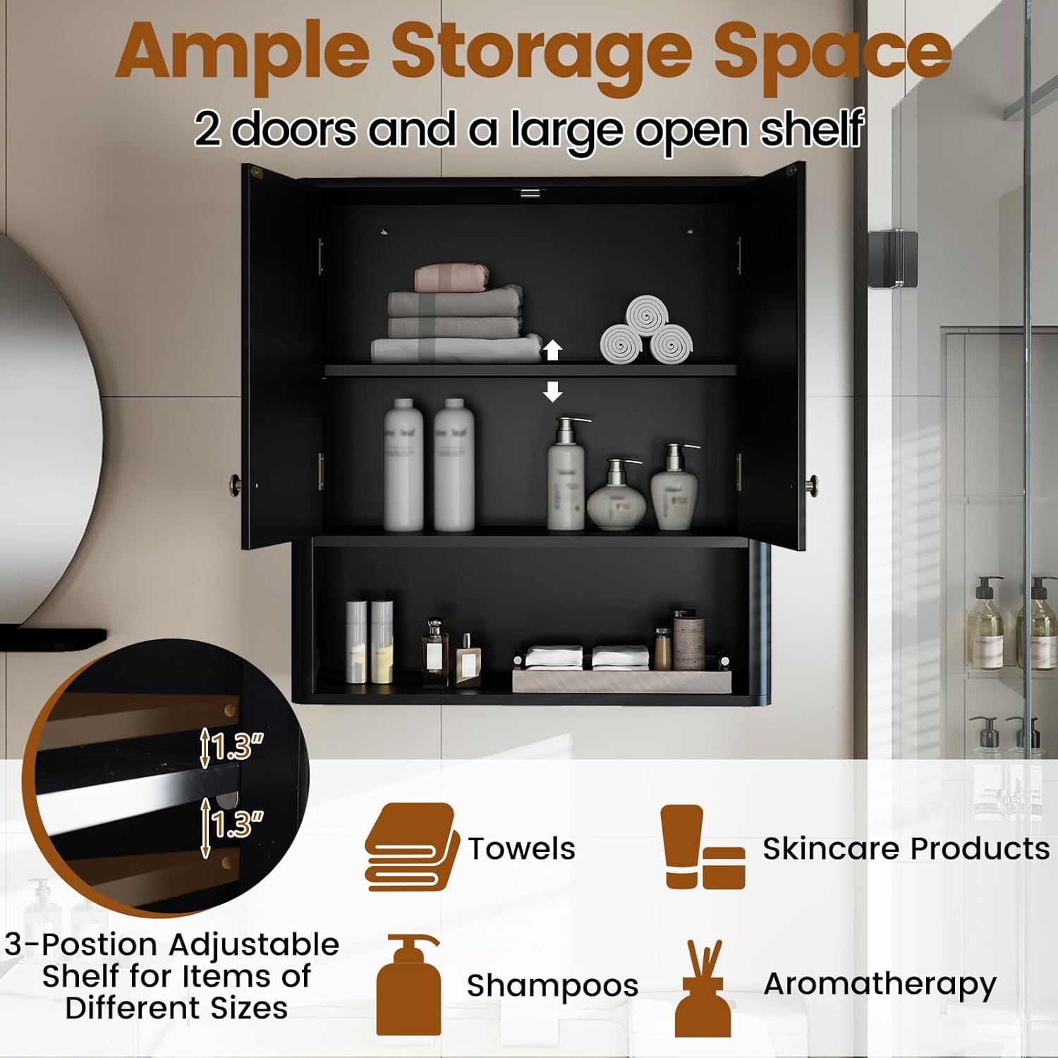 Tangkula Fluted Bathroom Wall Cabinet, Modern Double Door Medicine Cabinet w/Open Shelf & Adjustable Shelf, Wall Mounted Over The Toilet Storage Organizer for Laundry Room, Kitchen (Black)