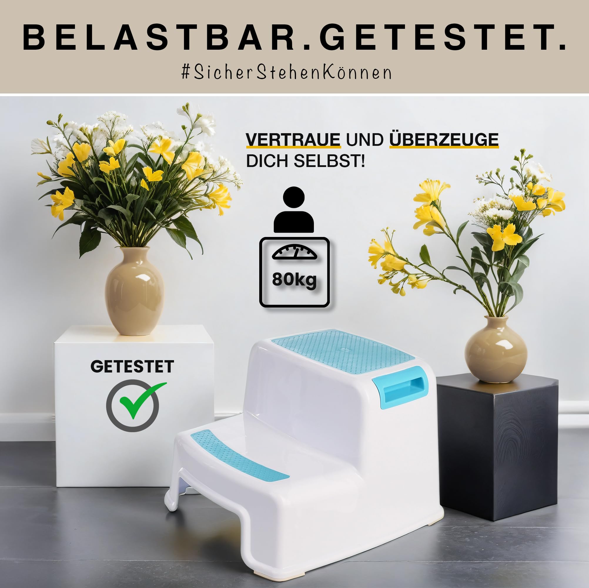 I Tritthocker Kinder I 2-Stufig Hocker I 26cm Hoch I Belastbarkeit 80kg I Gummierte Trittfläche I Hocker Kinder Bad mit Tragegriffe I Für Erwachsene, Senioren I Blau