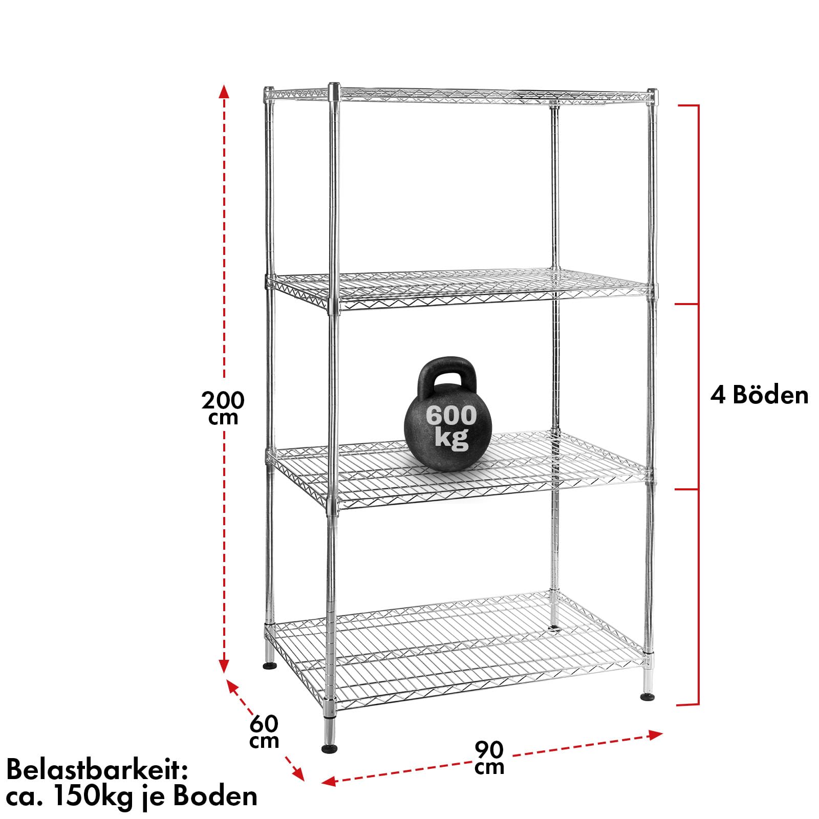 casa pura Schwerlastregal Lagerregal - dekoratives Schraubregal Gitterregal - Metallregal pro Boden bis 150 kg belastbar - Regal aus verchromtem Stahl (4 Böden - 90(B) x60(T) x160(H) cm) Himalaya