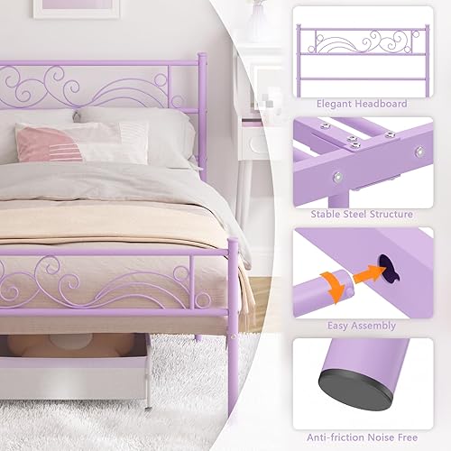 Miniatura 7 de Weehom Marco de cama de metal tamaño individual con almacenamiento de cama, no necesita somier, listones de acero resistente para niños, niñas,