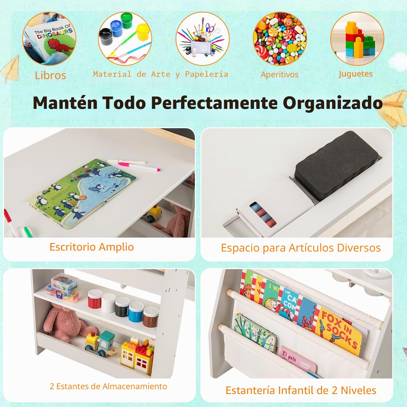 LIFEZEAL Mesa y Silla Infantil, Mesa de Dibujo con Pizarra de Doble Cara, Rollo de Papel, Bolsas de Almacenamiento, Silla Ergonómica con Respaldo (Gris)