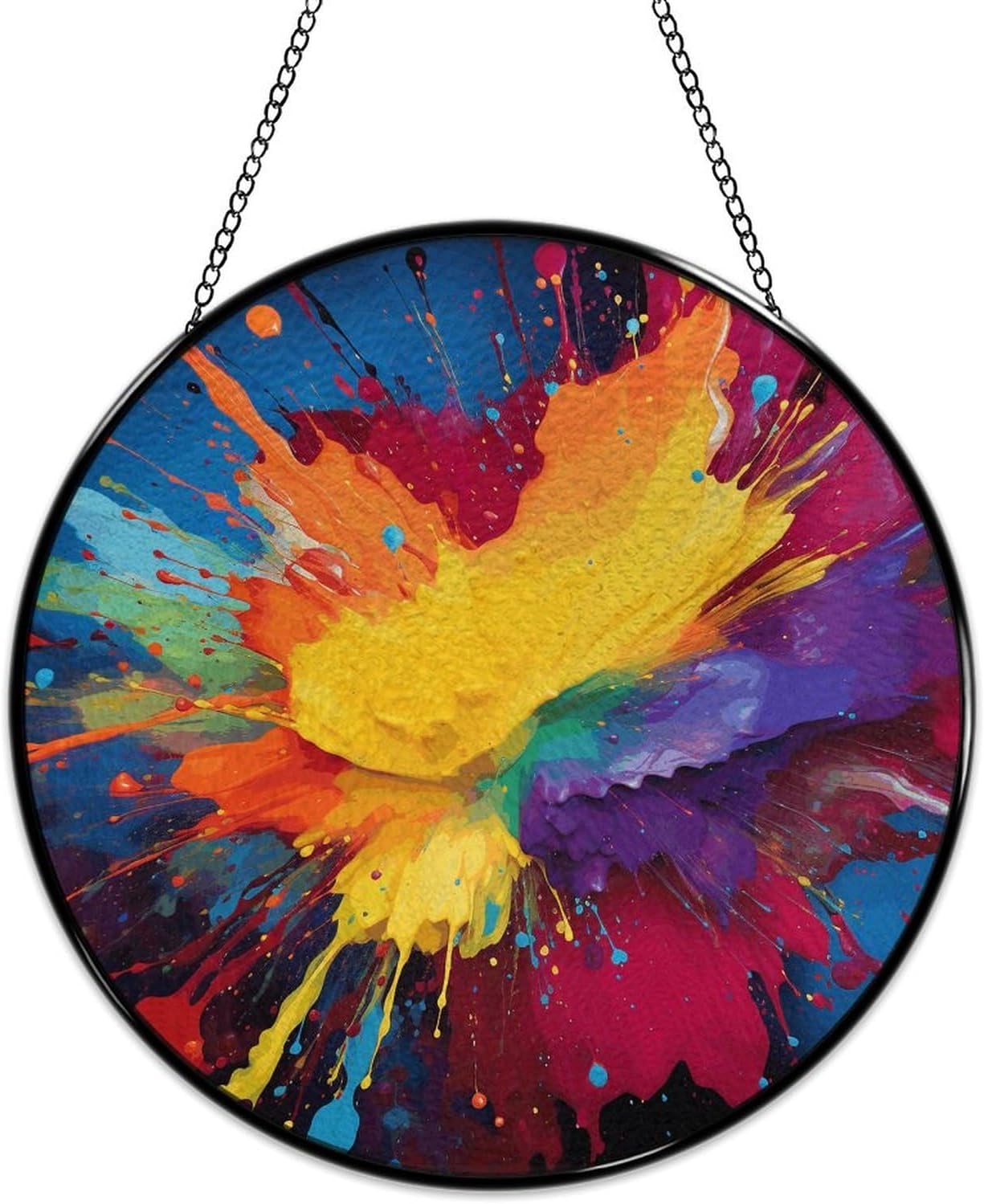 Stained Glass Window Hanging 30x30cm Window Suncatcher Glass Panel with Metal Chain Colorful Paint Splatter Art in Many Different ColorsSun Catchers Wall Art Home Decor Gift for Women Mother's Day