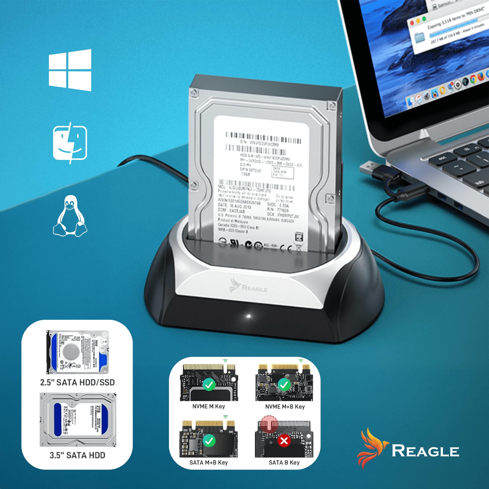 Reagle Docking Station Compatibil cu HDD şi SSD SATA 2,5" Wiosa 3,5" NVMe M.2 2230 2242 2260 2280 adapter obudowy USB 22 TB kompatybilny z Windows MacOS Linux