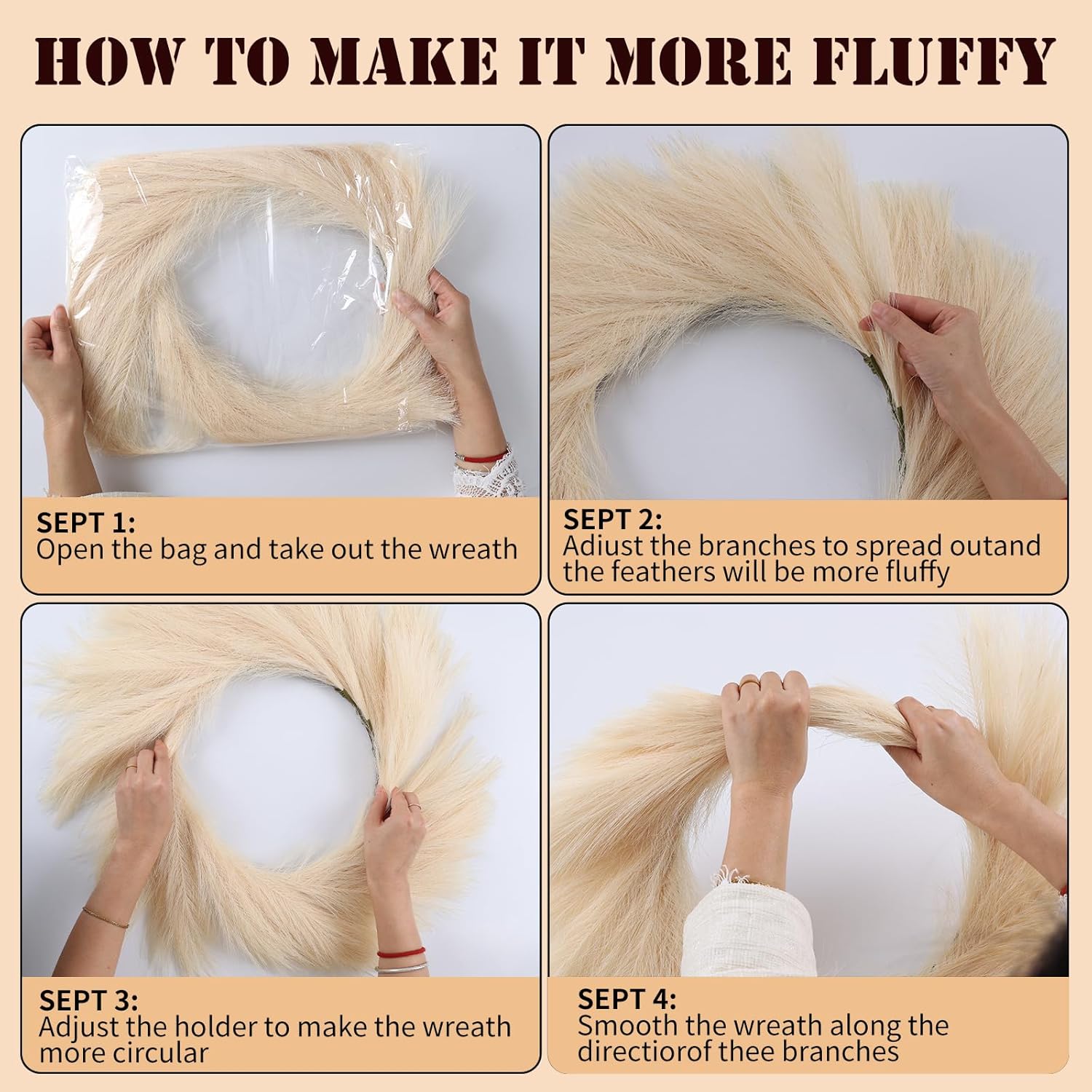 27” Beige Pampas Grass Wreath for All Seasons ,for Front Door, Porch, Window,for DIY Arrangement Farmhouse Beach Boho Table Centerpieces Bathroom Bedroom Decor Fall - Image 4