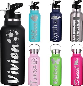 Personalized Water Bottle with Straw Lid for School,Custom Engraved Insulated Stainless Steel Sports Water Bottle with Name for Girls Boys Women Men12oz/26oz,7 Color