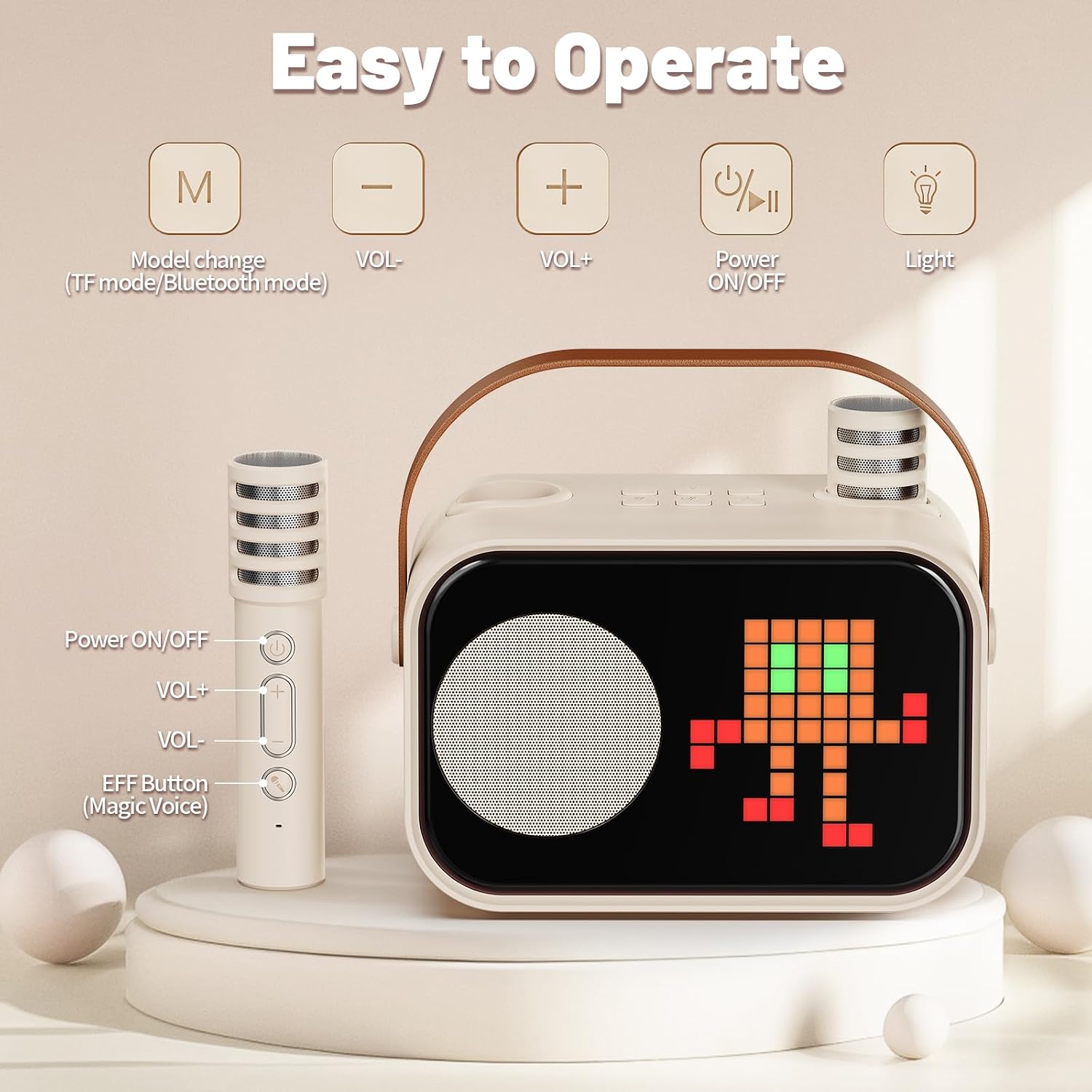 JYX D58 Karaoke Machine controls, showing speaker buttons for mode, volume, power, and light, and microphone buttons for power, volume, and voice effects.