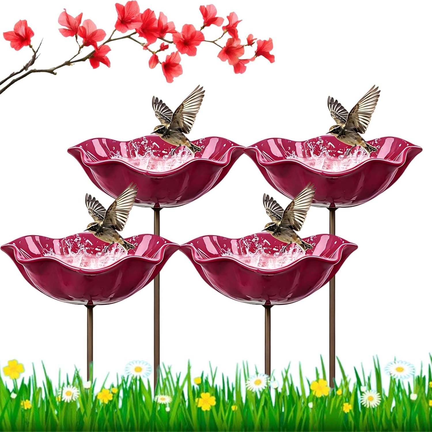 4PC Handmade Metal Flower Garden Stake, Outdoor Bird Bath and Butterfly Watering Station, Bee Watering Flower Stake for Garden Yard, Metal Flower Garden Stakes Bird Bath (Red)