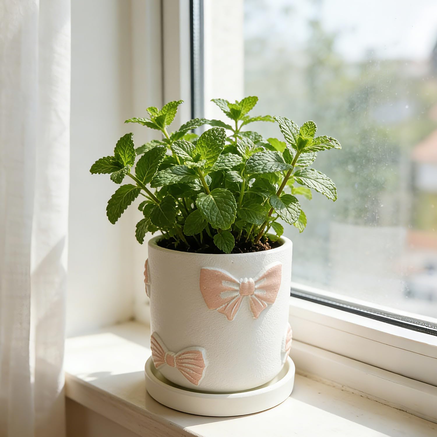 Cute Pink Orchid Pot, Bow Decorative Succulent Planter for Indoor/Outdoor Plants, Hand Painted Pink Bow Cement Flower Pots with Tray/Drainage Hole for Home Room Decor