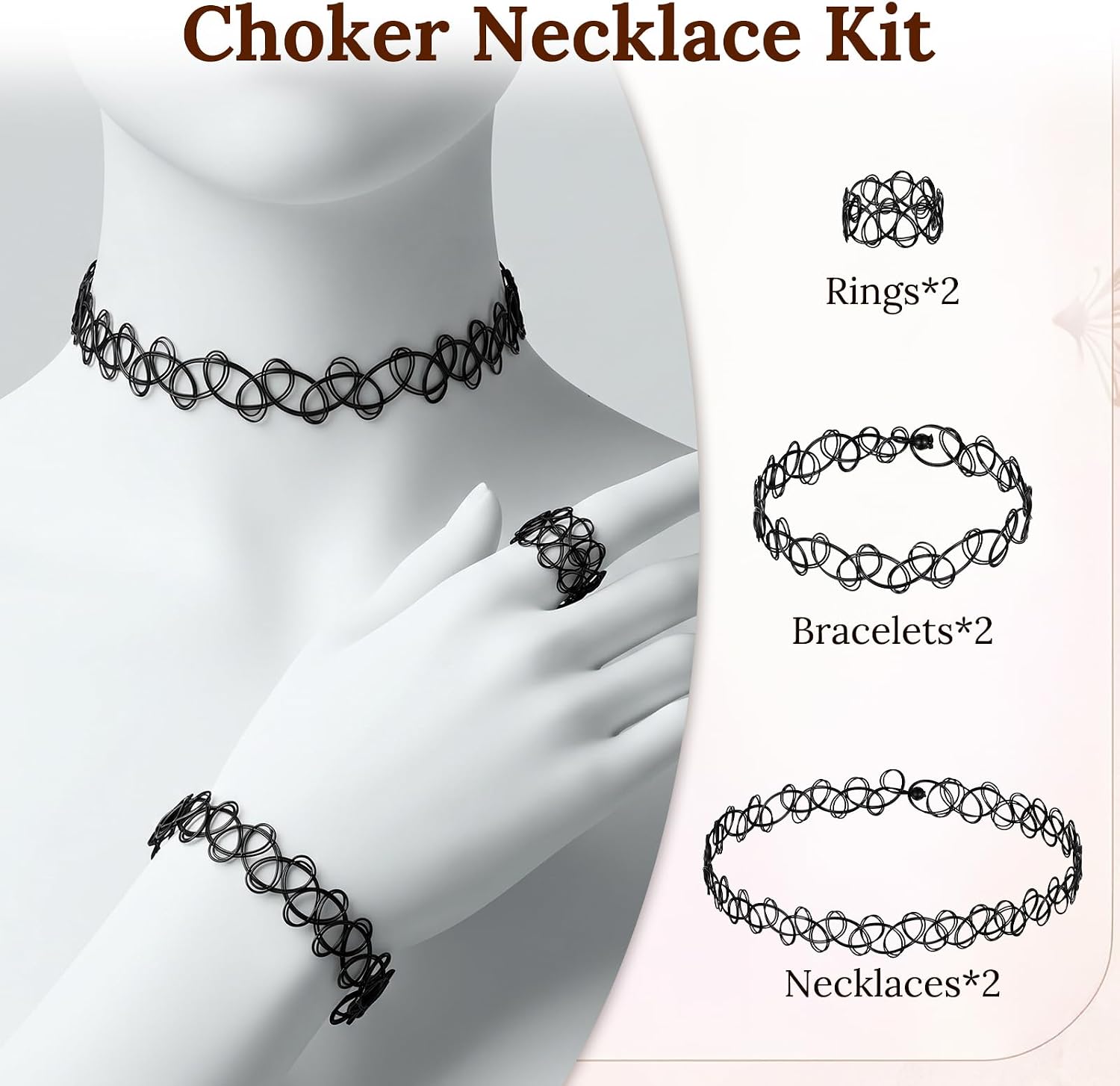 6 Pcs 90s Tattoo Choker Necklace Set Stretchy Tattoo Choker Necklace Bracelet Ring Adjustable Retro Y2K Gothic Grunge Chokers Jewelry Accessory for Women 2000s Black Elastic Vintage Trendy Daily Party