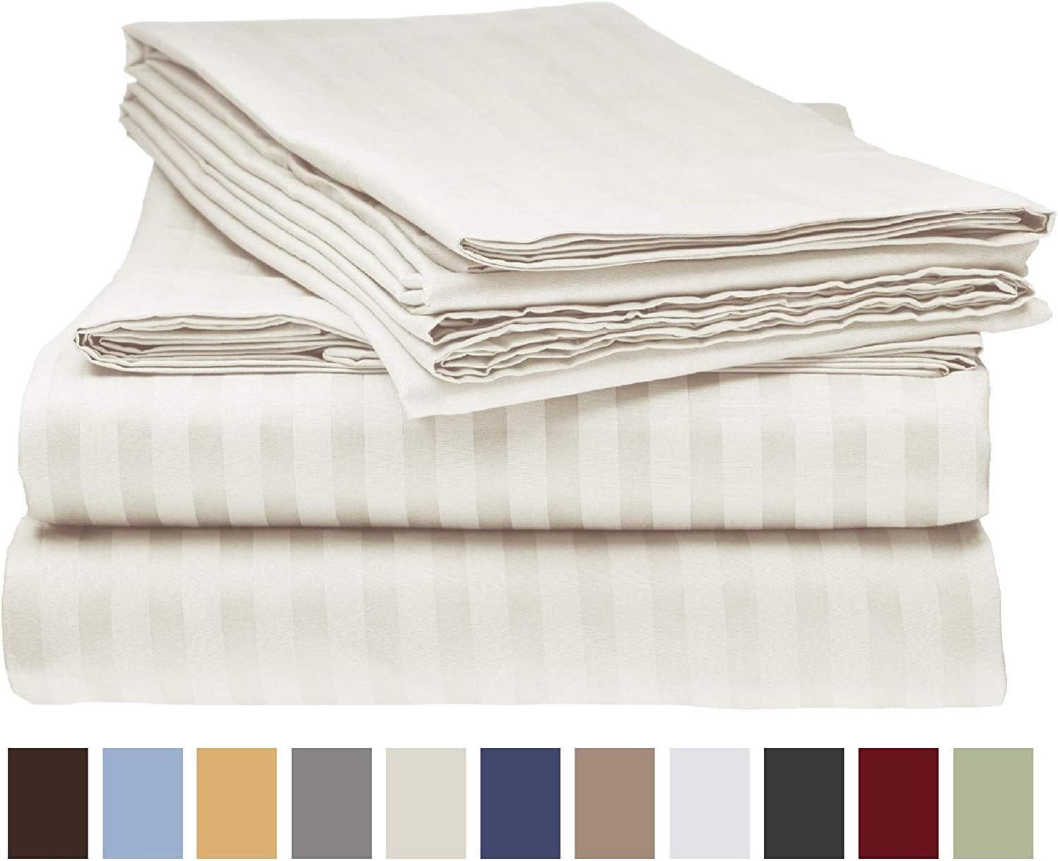 RRlinen 800 Thread Count 100% Cotton & Luxury 4 PCs Ivory Stripe Bedsheets Soft Sateen Weave Twin Size Bed Sheet Set Mattress Up to 14''(Ivory Stripe, Twin)