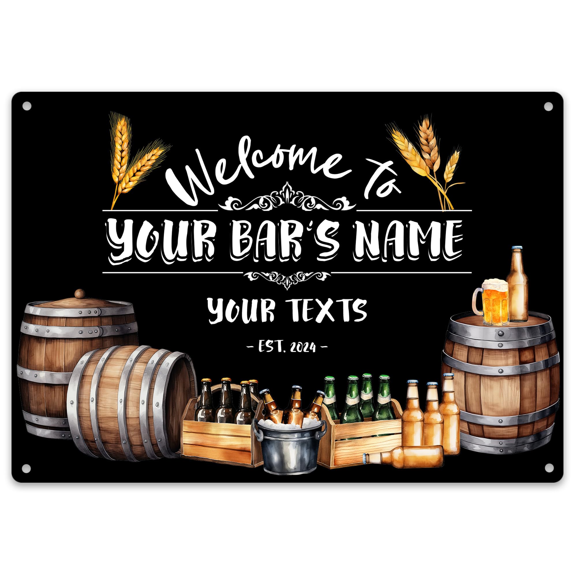Personalised Beer Barrell Metal Sign Est Custom Year Pub Garden Plaque, Large, White