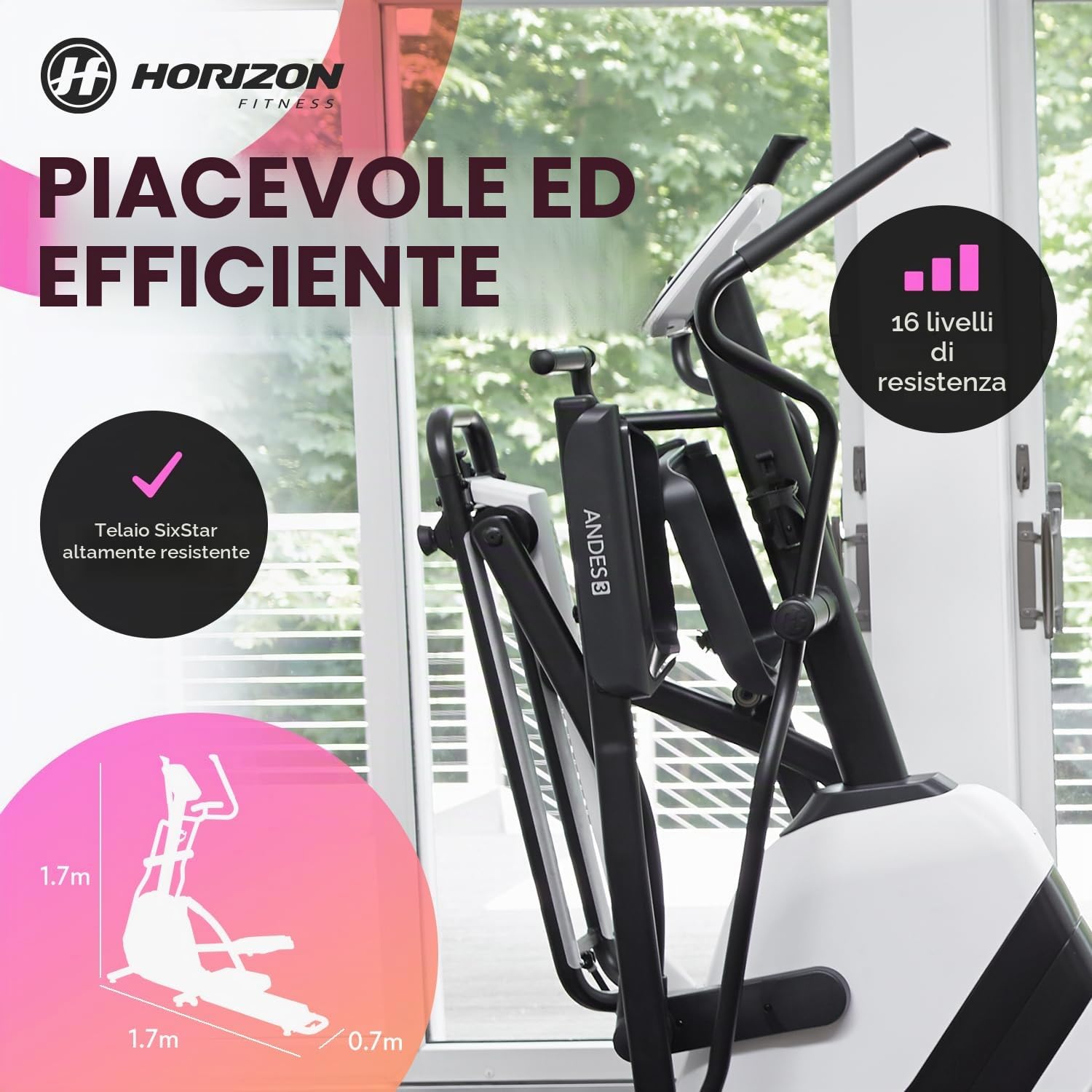 Horizon Fitness Elliptical Andes 3, Bianco/Nero, L x P x H in cm: 173 x 67 x 171 cm