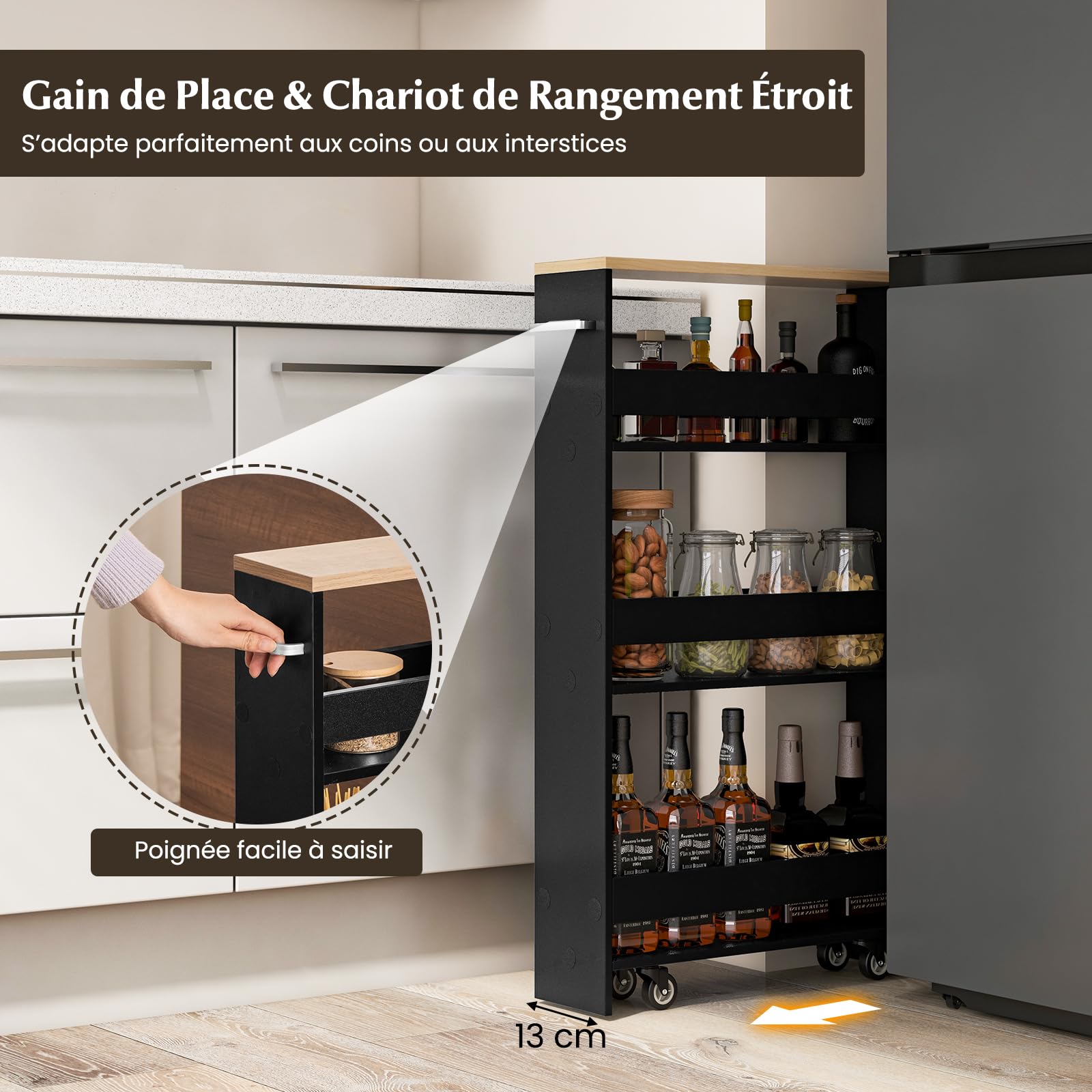 GOPLUS Chariot à roulettes de Cuisine à 4 Niveaux, 47 x 13 x 80 CM, Chariot de Rangement avec 4 roulettes Silencieuses, Poignée Latérale, Plaques de Protection (Noir+Naturel, 13CM(P)|sans Prise)