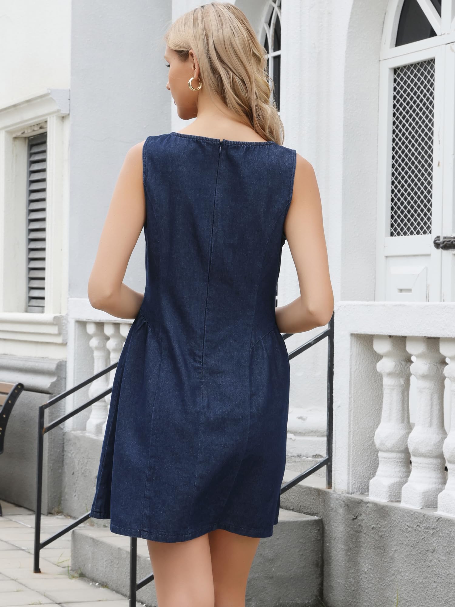 Allegra K Damen A-Linien Jeanskleid Lässiges Tanktop U-Boot Ausschnitt Ärmelloses Denim Kleid
