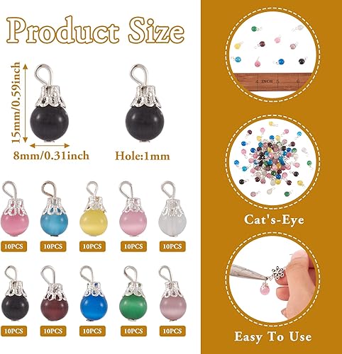 Miniatura 6 de KISSITTY 100 cuentas de gota de ojo de gato, 10 colores hechos a mano, colgantes colgantes de 0.315 in con tapa de cuentas para hacer joyas