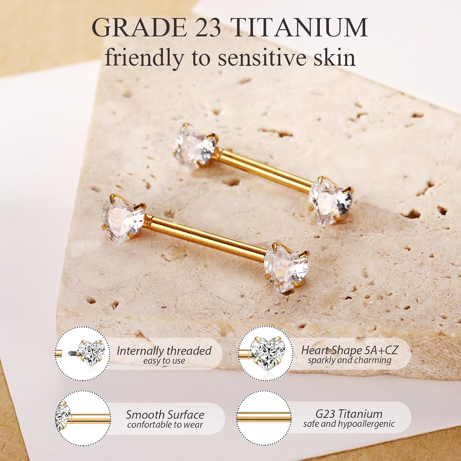 PEAKLINK Heart Shape Cubic Zircon Nipple Rings 14G Titanium Nipple Jewelry 1 Pair Nipple Barbell Internally Threaded Straight Nipple Bars Bridge Piercing Tongue Rings for Women Men