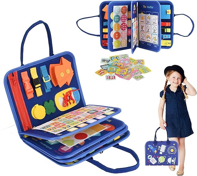 Busy Board for 1-3 Year Old Toddlers, Montessori Sensory Toys for Autism with Clock, Letter Puzzle, Zippers and Buckles, Educational Toy, Travel Toy, Busy Book for Boys Girls