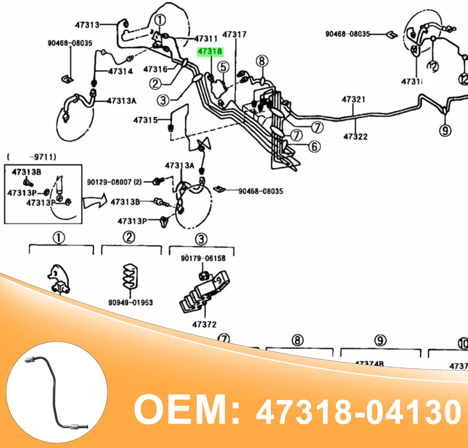 Front Brake Tube Caliper To Flex Hose NO.8 Compatible with Toyota 2011-2022 Tacoma 47318-04130
