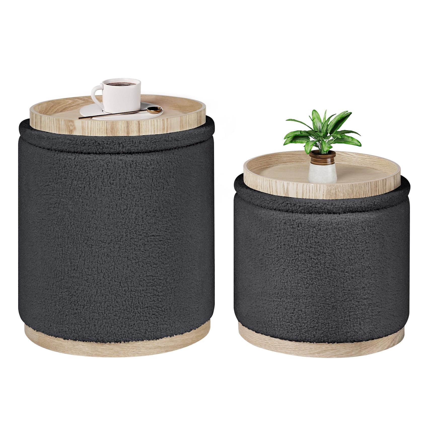 B FSOBEIIALEO Storage Ottoman Round Boucle Ottomans with Tray, Set of 2 Teddy Foot Rest Ottoman Cube with Storage for Living Room, Dark Grey 15"x15"