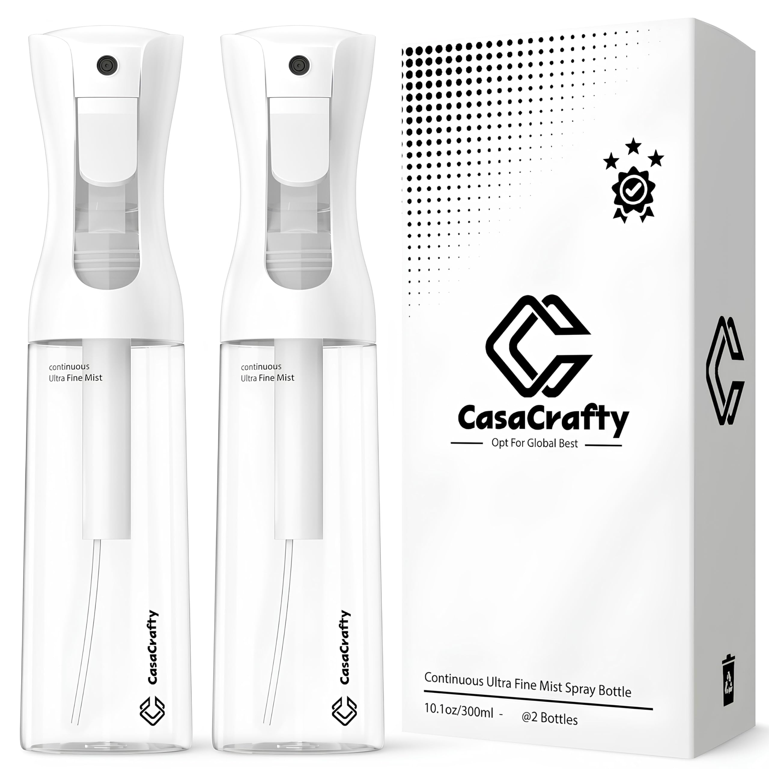 Casacrafty Continuous Fine Mist Spray Bottle for Hair, Plants, Cleaning & Skincare – 2 Pack (300ml/10oz) Refillable, Leak-Proof, 360° Water Mister –